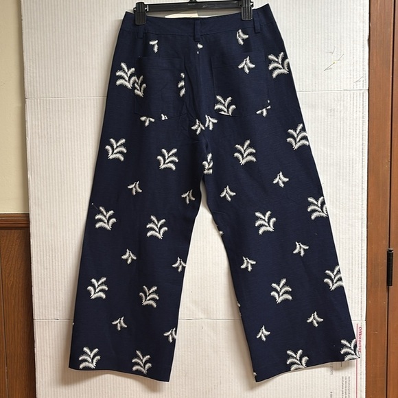 Elie Tahari Navy Blue/W Cream Colored Embroidered Palm Trees Wide Leg Size 10 - Picture 11 of 14